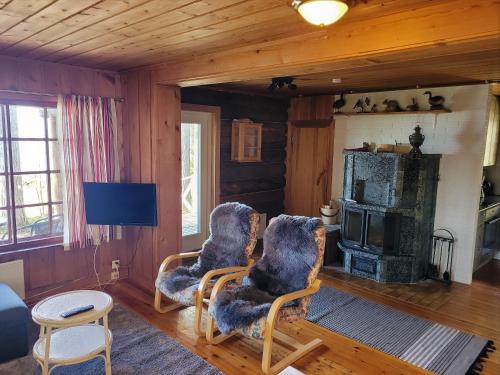 Kesälahti的住宿－Lakeland Karelia Fisherman's Paradise，客厅配有两把椅子和壁炉