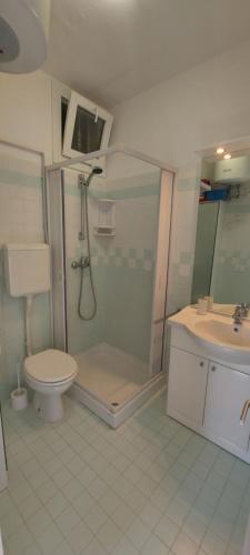 uma casa de banho com um chuveiro, um WC e um lavatório. em Ivana em Bibione