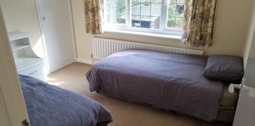 1 dormitorio con 2 camas y ventana en Lovely 2-Bedroom New Forest apartment on a Farm, en New Milton