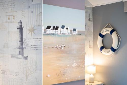 a collage of pictures of a beach and a life preserver at Curlew Cottage in Uny Lelant