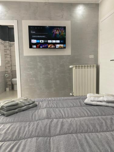 Bellavista B&B في Roccavivara: غرفة نوم مع سرير وتلفزيون على الحائط
