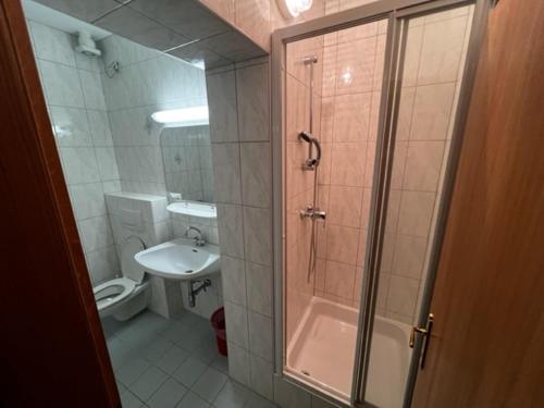 a bathroom with a shower and a toilet and a sink at Ferienwohnung Rohrmeister in Eberndorf