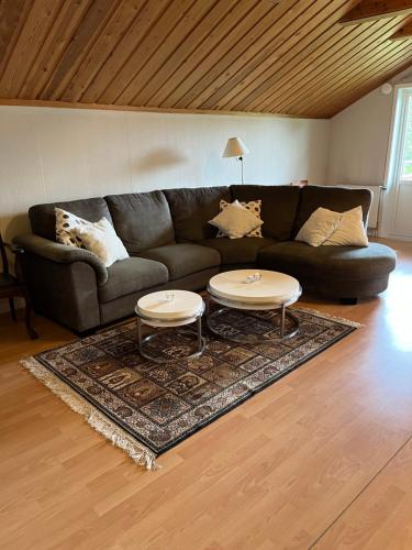 a living room with a couch and two tables at Trunna Vandrarhem & Konferens in Orsa