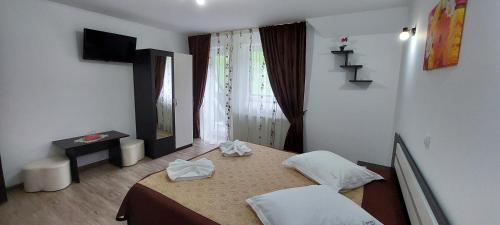 a bedroom with a bed and a window and a table at La Cascade 2 in Moieciu de Sus