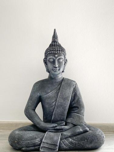 a statue of a buddha sitting on the floor at StayCozy Bike&Ski Apartments, barrierefrei, free WIFI, Erdgeschoss in Winterberg