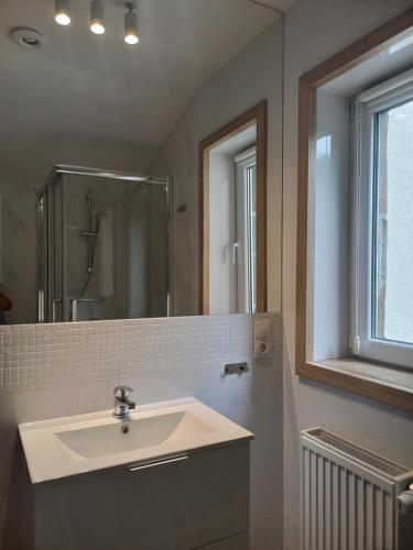 La salle de bains est pourvue d'un lavabo et d'un miroir. dans l'établissement 4 Sowy, à Szczawnica