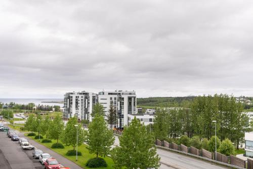 Vista árida de una ciudad con coches aparcados en Lundur Apartments, en Reikiavik