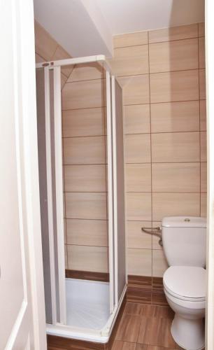 a bathroom with a toilet and a glass shower at Gospodarstwo Agroturystyczne z BASENEM & SPA i Alpakami in Ełk