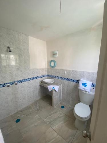 a bathroom with a toilet and a sink at Casa del trébol in Acapulco