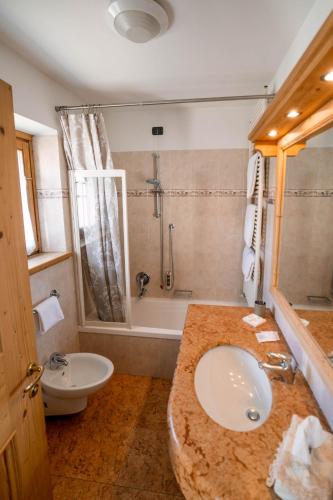 a bathroom with a sink and a shower and a toilet at Alpi & Golf Hotel in Bormio