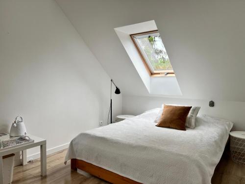 a white bedroom with a bed and a window at Garden Room in Nickelswalde