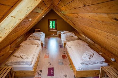 a room with four beds in a attic at Youth Hostel Arsviva in Stari Trg pri Ložu