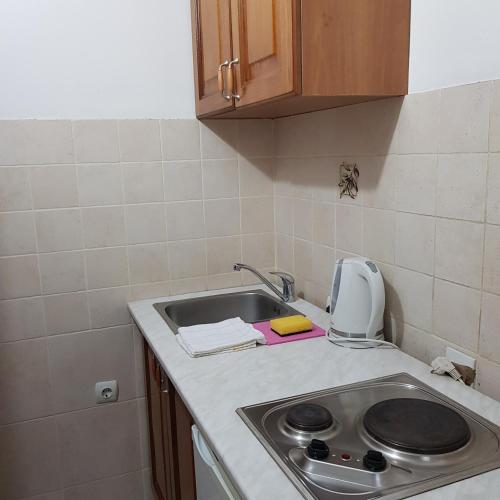 a kitchen with a sink and a counter top at Vila Horizont in Sveti Stefan