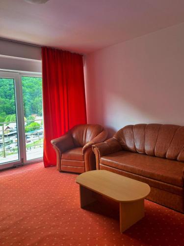 a living room with a couch and a coffee table at Hotel International in Băile Herculane