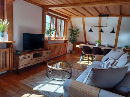 sala de estar con sofá y TV en Landhaus Alpenpanorama über der Wutachschlucht, en Löffingen