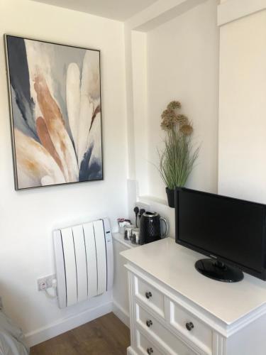 a living room with a tv on a white desk at Lovely Modern decorated 1 bed Studio in Newport