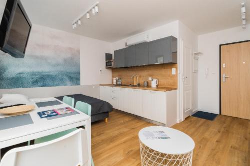 a room with a kitchen and a living room at APARTAMENTY MIERZEJA - STEGNA PARK STUDIO, 500 m od plaży, bezpłatny meleks in Stegna