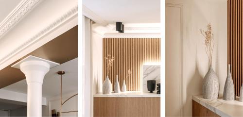 two views of a room with vases on a shelf at HIGHSTAY - Luxury Serviced Apartments - Louvre-Rivoli Area in Paris