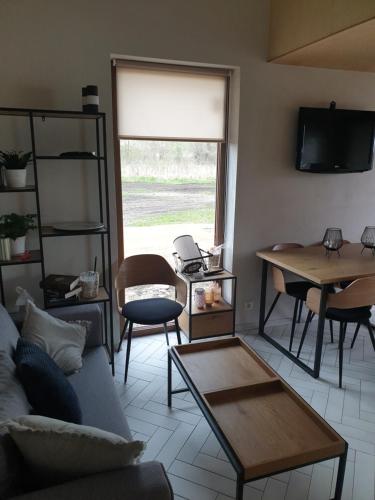 a living room with a couch and a table and a window at Domek nad wodą in Łuka