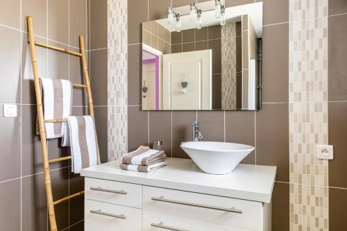 W łazience znajduje się biała umywalka i lustro. w obiekcie La Saumuroise w mieście Antoigné