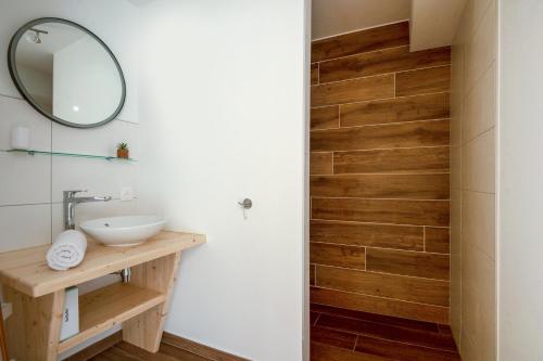 ein Bad mit einem Waschbecken und einem Spiegel in der Unterkunft Le Planois in La Bresse