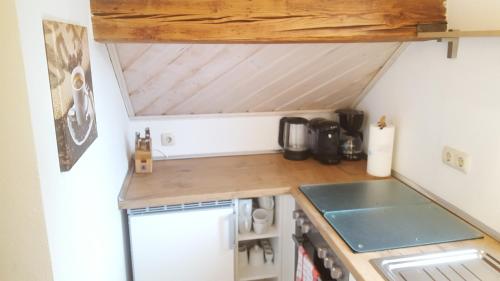 uma pequena cozinha com um lavatório e um fogão em Ferienwohnung Elena em Poppenhausen