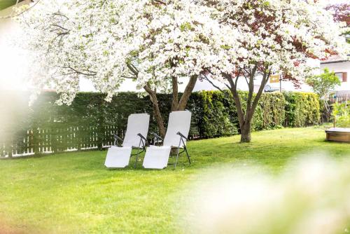 three white chairs sitting in the grass under a tree at Taufner Apartement C 103 in Parcines