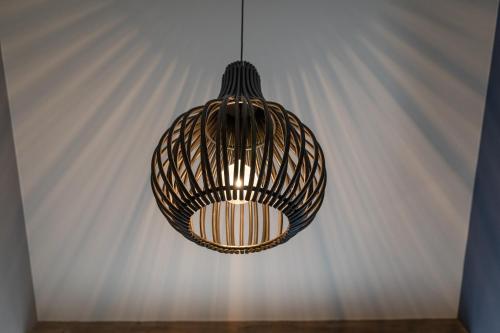 aendant light hanging from a ceiling in a room at La Grenouille - Suite de luxe & Welness Privatif in Leuze-en-Hainaut