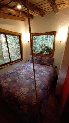 1 dormitorio con 1 cama en una cabaña con 2 ventanas en Cabañas AntuKullen, en Pucón