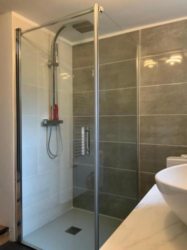 una doccia con una porta in vetro in un bagno di Au coeur de la ville a Bourges