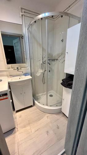a bathroom with a shower and a sink at MŁAWSKA 33 in Rypin