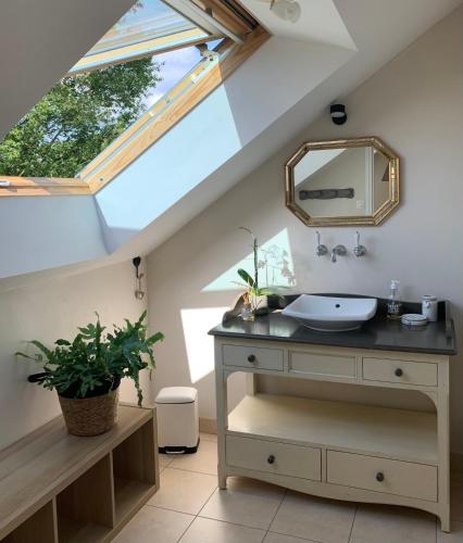 La salle de bains est pourvue d'un lavabo et d'une lucarne. dans l'établissement La Grenouillère - Chambre d'hôtes de charme, à Ballan-Miré