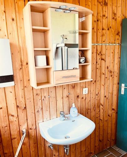 a bathroom with a sink and a mirror at Doppelzimmer Waldblick in Sonnenbühl