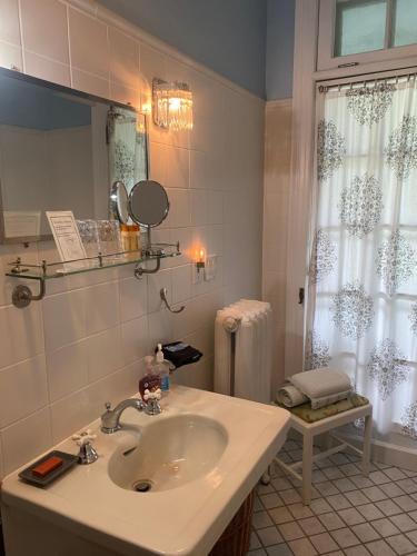 ein Bad mit einem Waschbecken und einem Spiegel in der Unterkunft Montrose Inn in Belleville