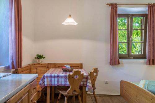 a kitchen with a table and chairs and a window at Sallrain Hof Monolokal 4 in Collalbo