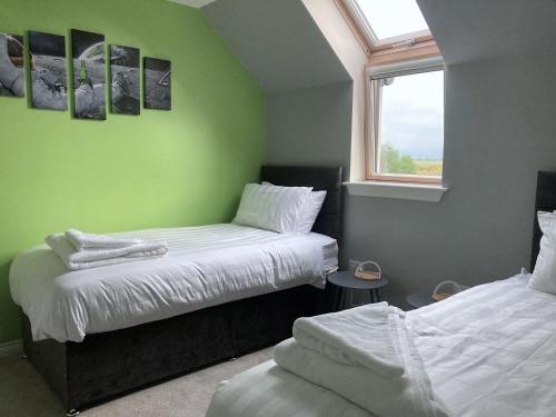 two beds in a room with green walls and a window at 3 Mackay Road in Dornoch