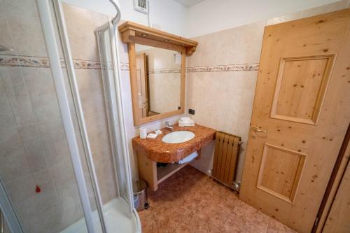 a bathroom with a sink and a shower at Alpi & Golf Hotel in Bormio