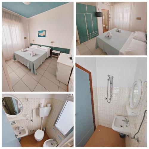 a collage of four pictures of a hotel room at Hotel Morri in Bellaria-Igea Marina