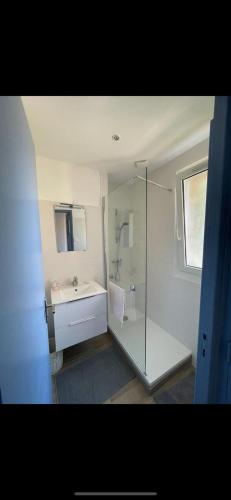 une salle de bain avec une douche en verre et un lavabo dans l'établissement Le Gabian, duplex proche plage et centre, à Sanary-sur-Mer