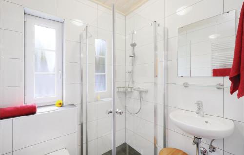 ein weißes Bad mit einer Dusche und einem Waschbecken in der Unterkunft Ferienhaus 33 Altefhr in Altefähr