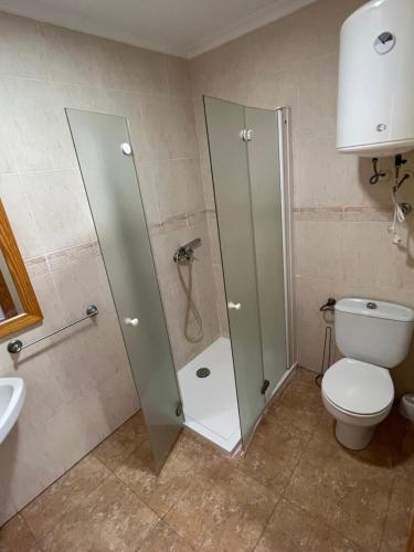 a bathroom with a shower with a toilet and a sink at Apartamentos Sol y Lodo in Lo Pagán