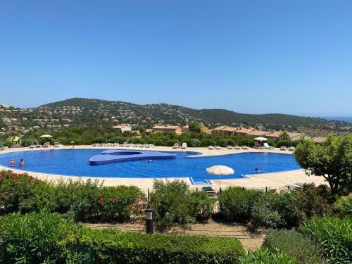uma grande piscina azul com uma colina ao fundo em Appart. vue mer avec piscine - Golfe de St Tropez em Les Issambres