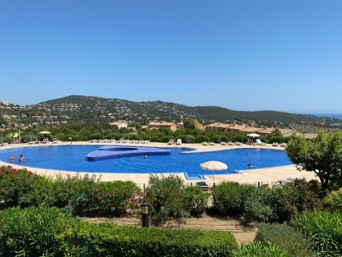 une grande piscine bleue avec une colline en arrière-plan dans l'établissement Appart. vue mer avec piscine - Golfe de St Tropez, aux Issambres