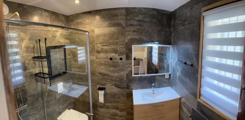 uma casa de banho com um chuveiro, um lavatório e um espelho. em Farfalla em Calvi