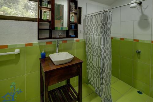 a bathroom with a sink and a shower at Lovely Casa Cucula Pool House with FiberOp in Cocles