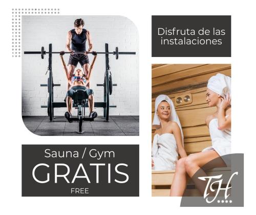 un collage de fotos de una mujer en el gimnasio y un hombre en en Aeropuerto Madrid Torre Hogar Premium, en Torrejón de Ardoz