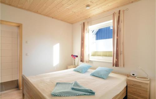 a bedroom with a bed with blue pillows and a window at Ferienhaus 11 Altefhr in Altefähr