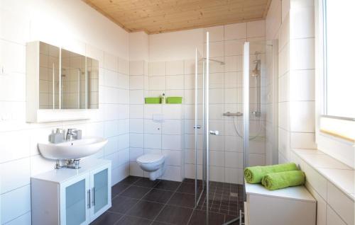 アルテフェーアにあるFerienhaus 11 Altefhrのバスルーム(洗面台、トイレ、シャワー付)
