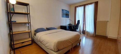 une chambre avec un lit et une étagère dans l'établissement la Paix Appartement avec 2 chambres en plein cœur d'Annecy, à Annecy