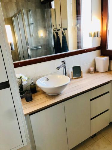 un comptoir de salle de bain avec un lavabo et un miroir dans l'établissement la Paix Appartement avec 2 chambres en plein cœur d'Annecy, à Annecy